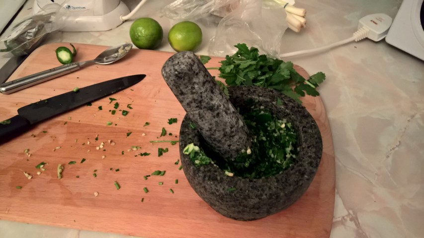 Making the chilli garlic and coriander marinade.