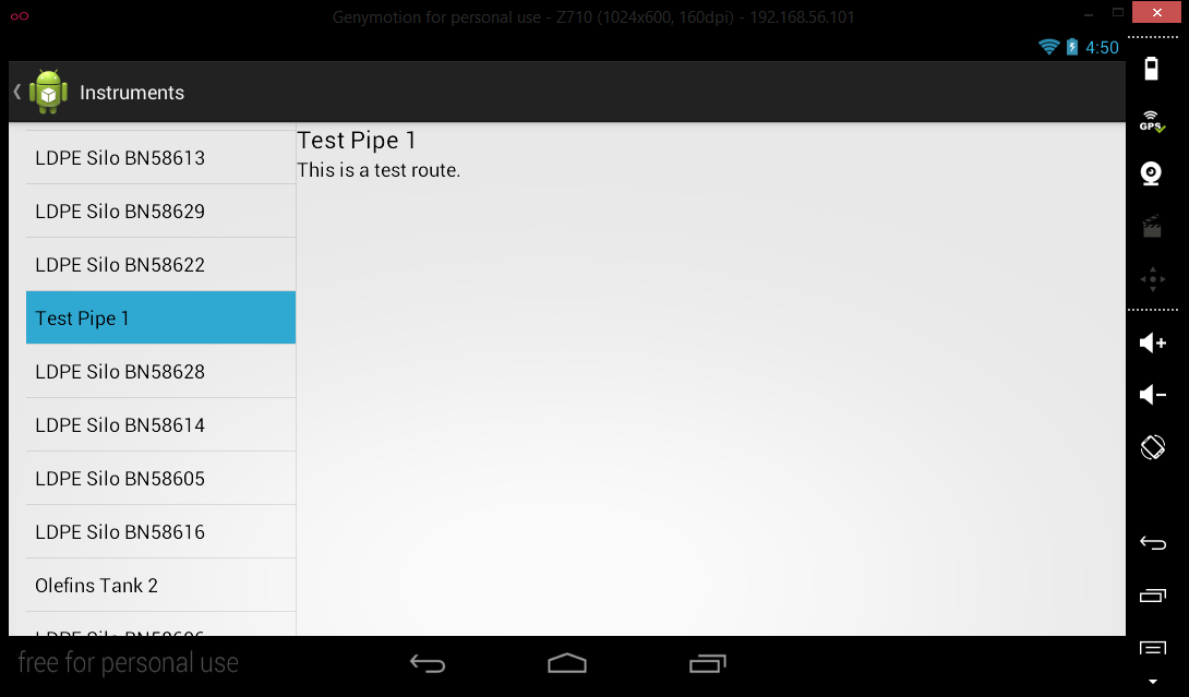 The master/detail activity showing test data.